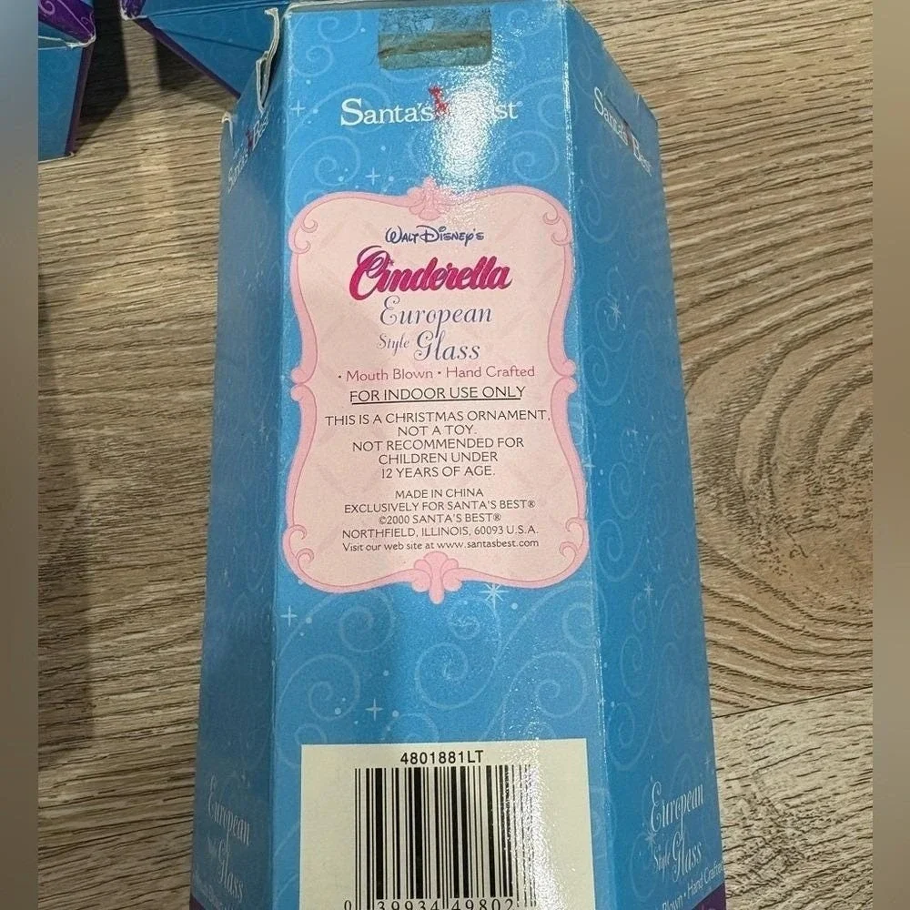 Disney Cinderella European Glass Ornament‎ Set Santa's Best 2000 NIB